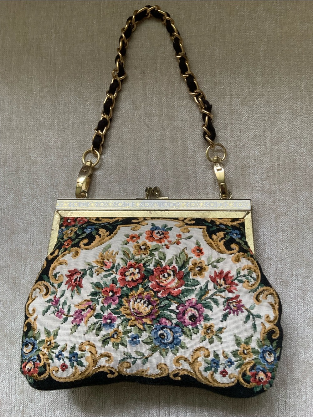 Vintage Floral Needlepoint Evening Clutch in Cream and Multicolor